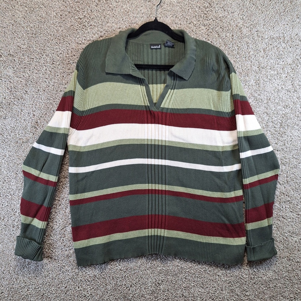 North Crest Sweater Womens 2X Green Striped Polo Long Sleeve V-Neck Ribbed
